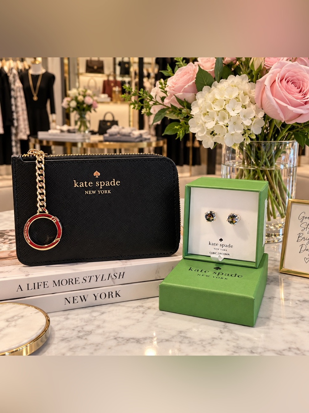 kate spade Bundle Black Zip Key Wallet & CZ Stud Earrings